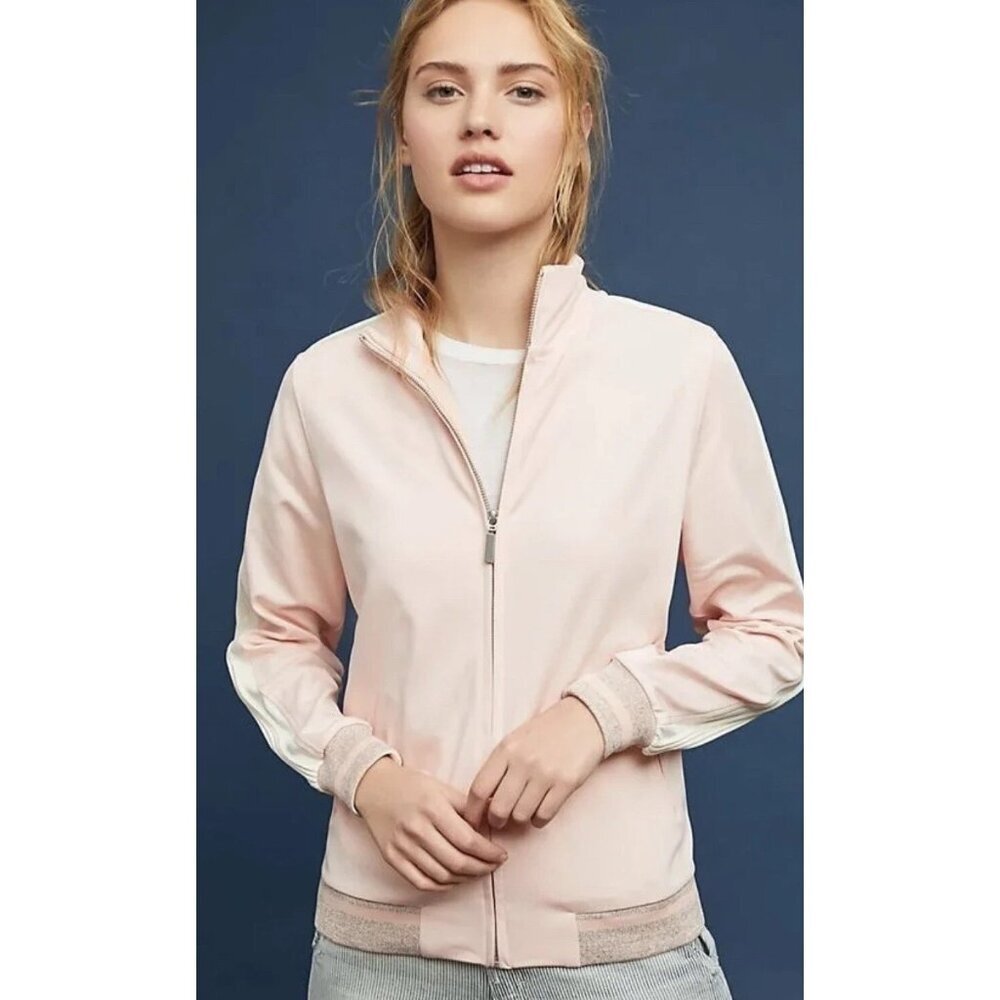 Anthropologie Maeve Pink Ivory Stripe Track Bomber Zip Up Jacket Pink Size S